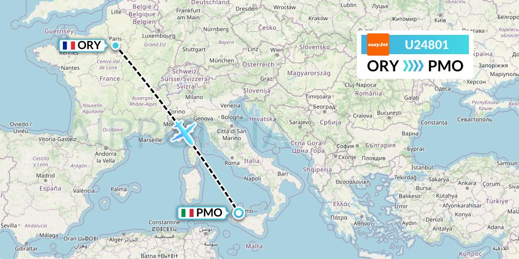 U24801 EasyJet Flight Map: Paris to Palermo
