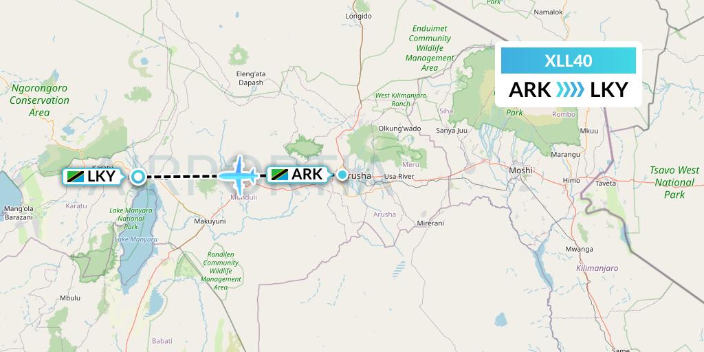 XLL40 Air Excel Flight Map: Arusha to Lake Manyara National Park