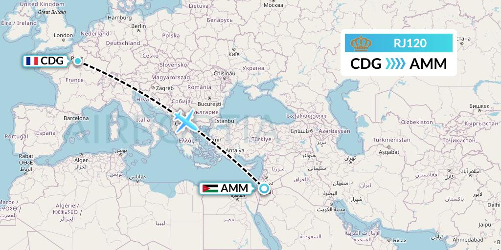 RJ120 Royal Jordanian Flight Map: Paris to Amman