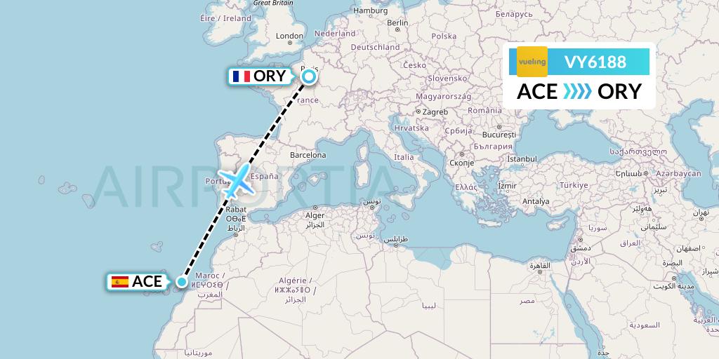 VY6188 Vueling Flight Map: Lanzarote to Paris