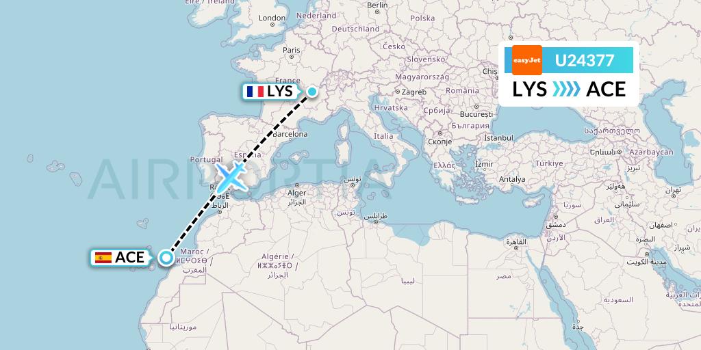 U24377 EasyJet Flight Map: Lyon to Lanzarote