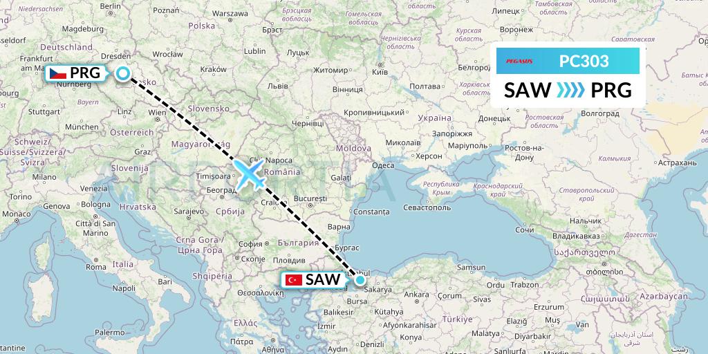 PC303 Pegasus Airlines Flight Map: Istanbul to Prague