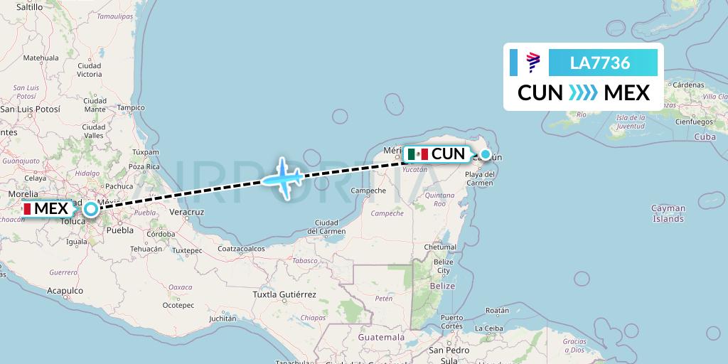 LA7736 LAN Airlines Flight Map: Cancun to Mexico City