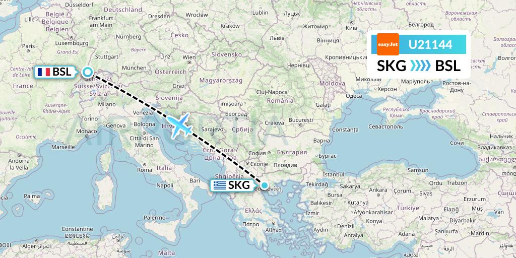 U21144 EasyJet Flight Map: Thessaloniki to Basel