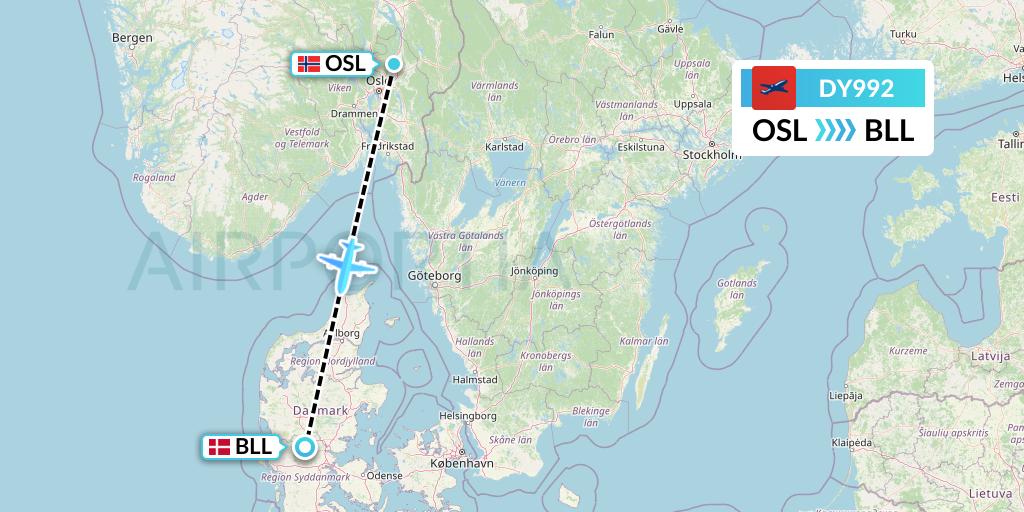 DY992 Norwegian Flight Map: Oslo to Billund