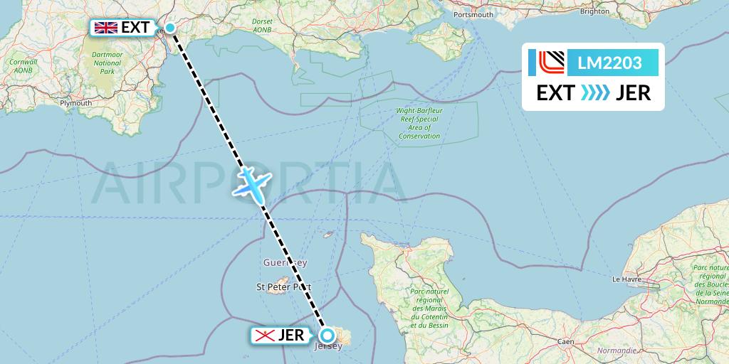 LM2203 Loganair Flight Map: Exeter to Jersey