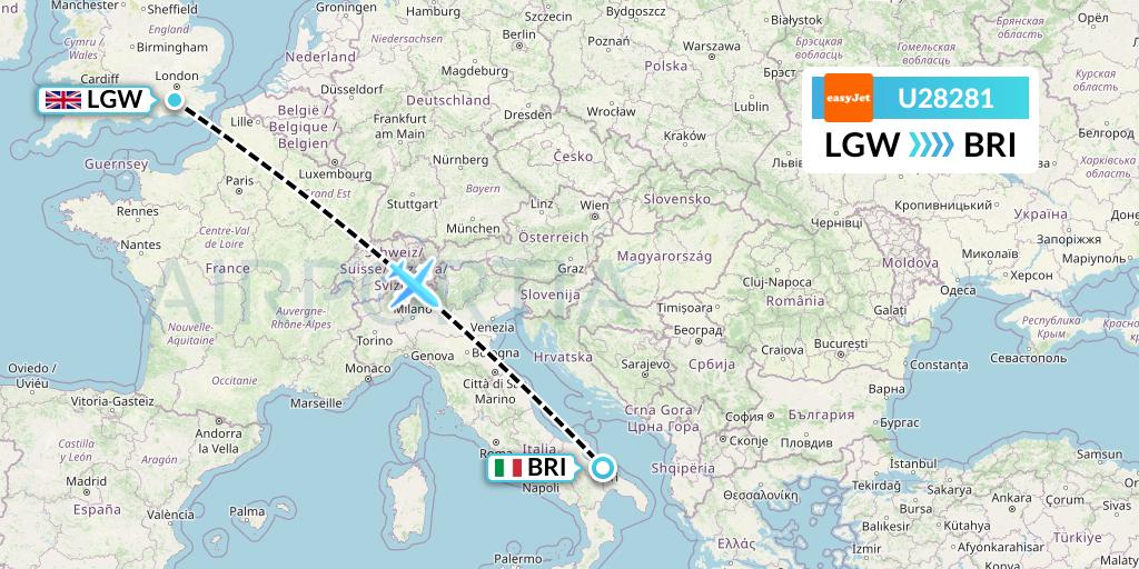 U28281 EasyJet Flight Map: London to Bari