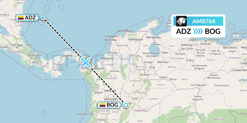 AM8764 Aeromexico Flight Map: San Andres Island to Bogota