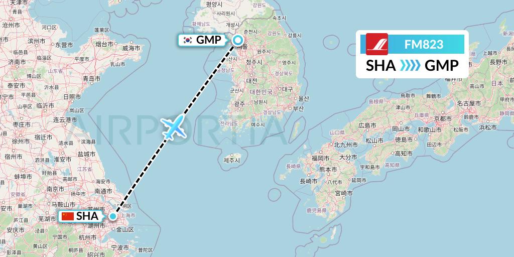 FM823 Shanghai Airlines Flight Map: Shanghai to Seoul