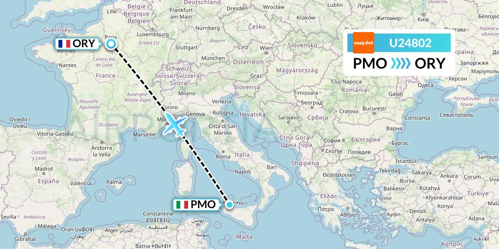U24802 EasyJet Flight Map: Palermo to Paris