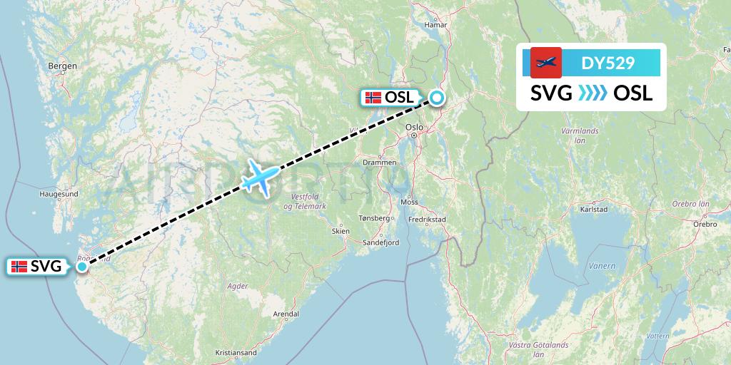 DY529 Norwegian Flight Map: Stavanger to Oslo