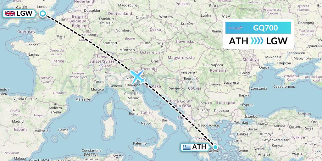 GQ700 Sky Express (Greece) Flight Map: Athens to London