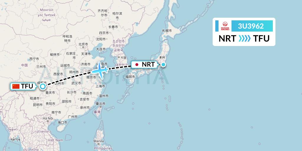3U3962 Sichuan Airlines Flight Map: Tokyo to Chengdu