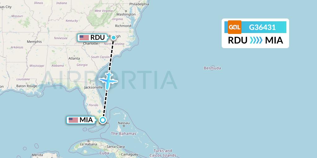 G36431 GOL Transportes Aeros Flight Map: Raleigh-Durham to Miami