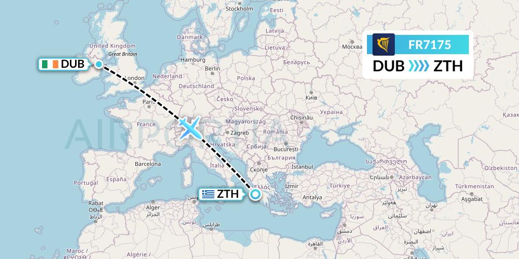 FR7175 Ryanair Flight Map: Dublin to Zakynthos
