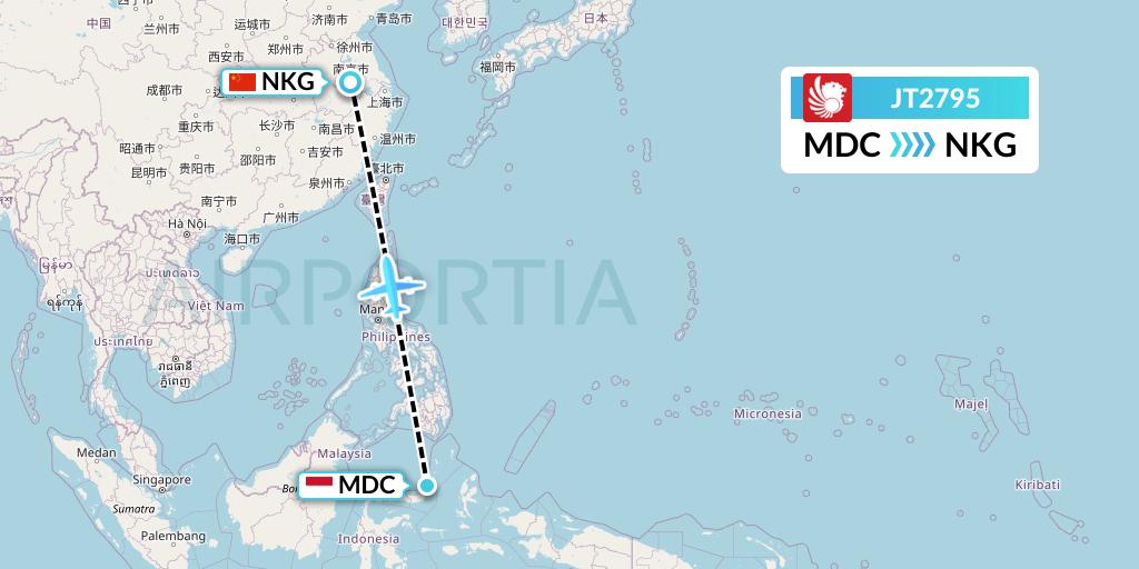 JT2795 Lion Airlines Flight Map: Manado to Nanjing