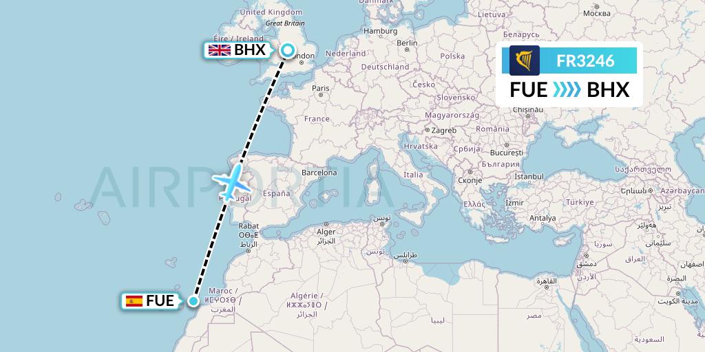 FR3246 Ryanair Flight Map: Fuerteventura to Birmingham