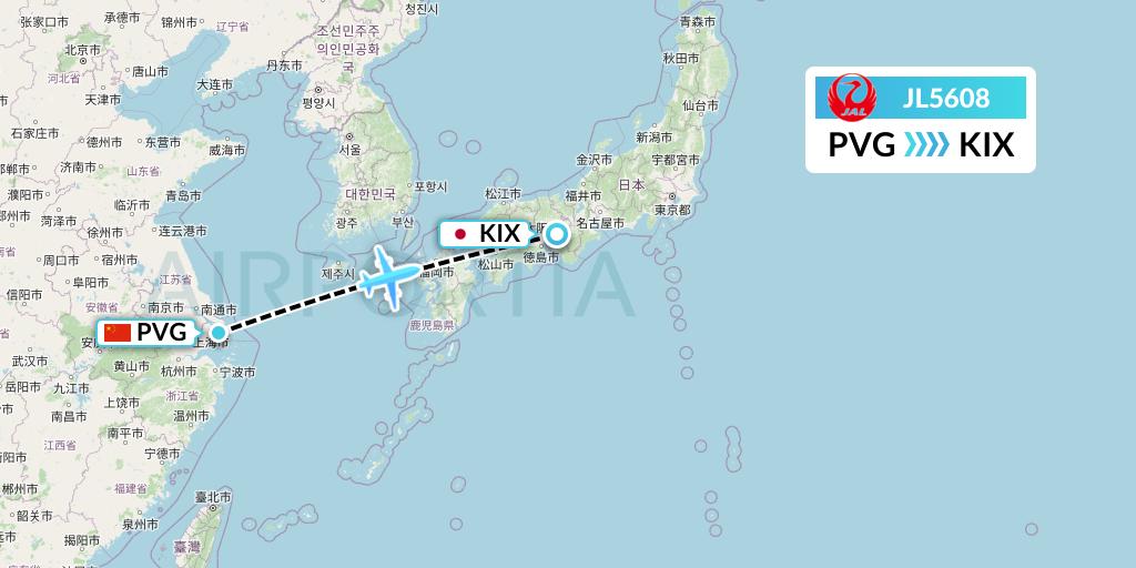 JL5608 Japan Airlines Flight Map: Shanghai to Osaka