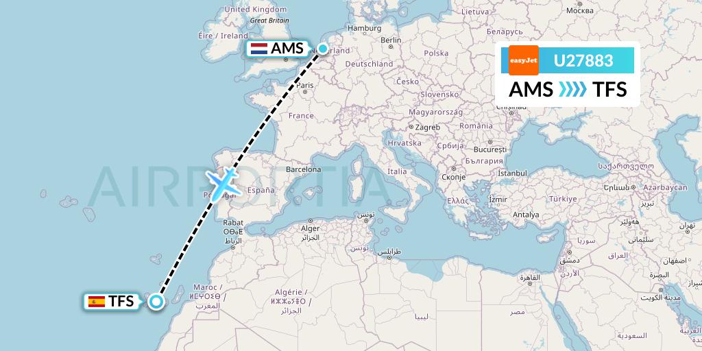 U27883 EasyJet Flight Map: Amsterdam to Tenerife