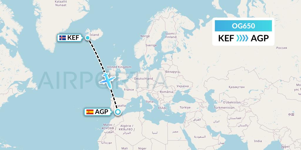 OG650 Fly Play Flight Map: Reykjavik to Malaga