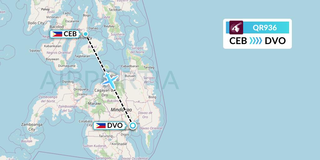 QR936 Qatar Airways Flight Map: Cebu to Davao City