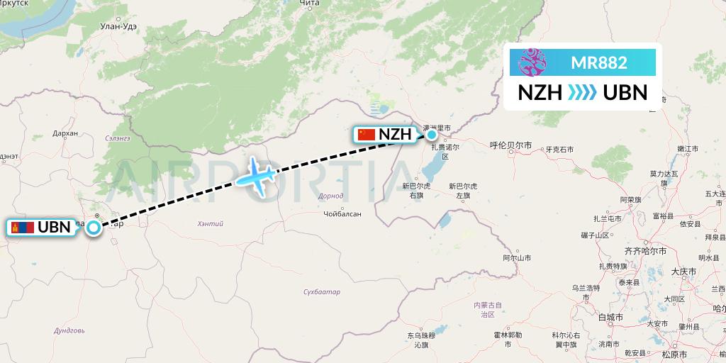 MR882 Hunnu Air Flight Map: Manzhouli to Ulan Bator