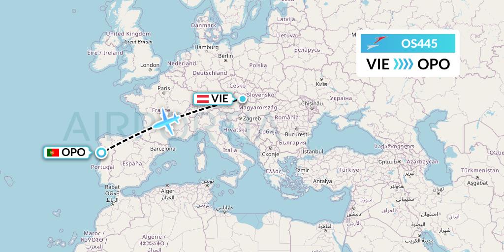 OS445 Austrian Airlines Flight Map: Vienna to Porto