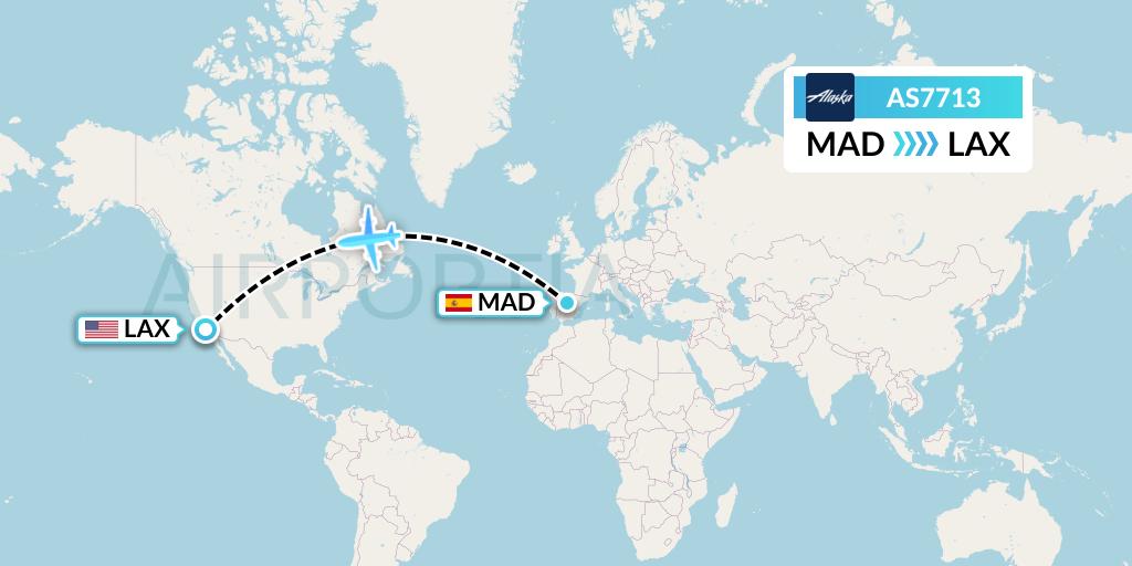 AS7713 Alaska Airlines Flight Map: Madrid to Los Angeles