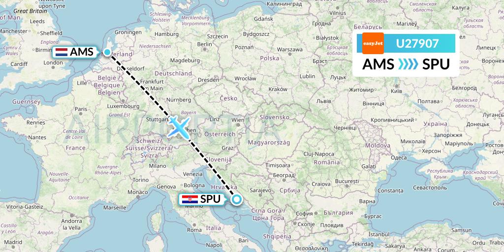 U27907 EasyJet Flight Map: Amsterdam to Split