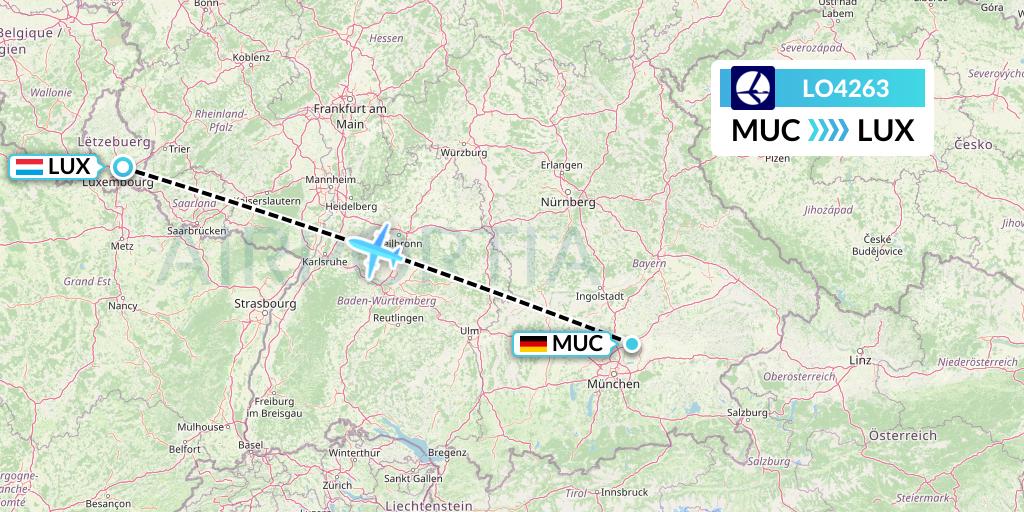 LO4263 LOT Flight Map: Munich to Luxembourg