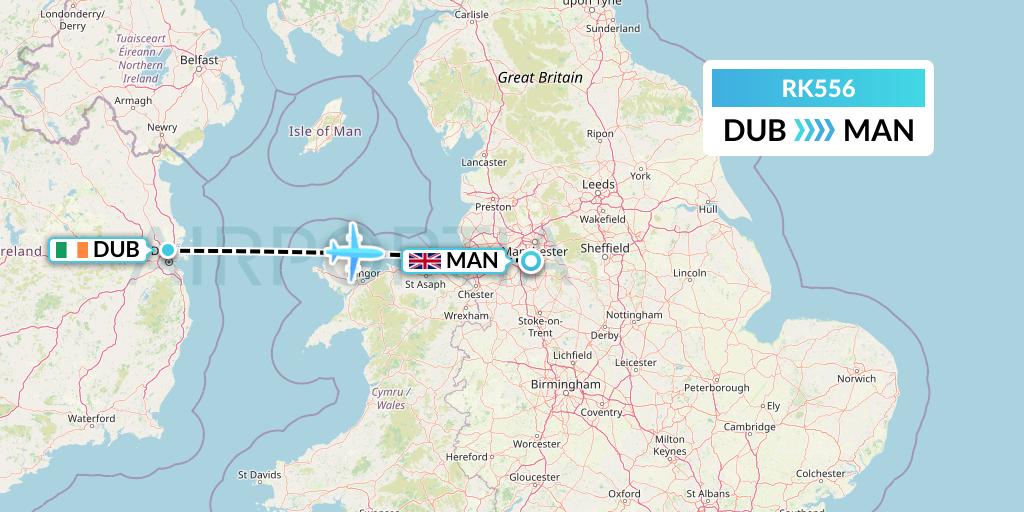RK556 Ryanair UK Flight Map: Dublin to Manchester