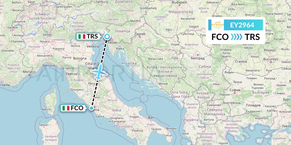 EY2964 Etihad Airways Flight Map: Rome to Trieste