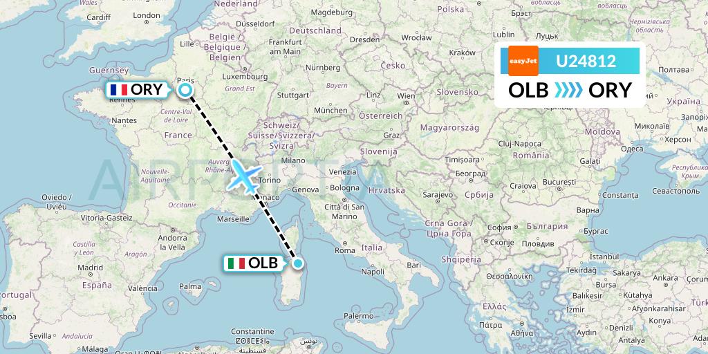 U24812 EasyJet Flight Map: Olbia to Paris