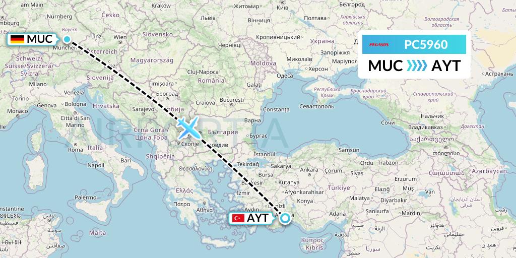 PC5960 Pegasus Airlines Flight Map: Munich to Antalya