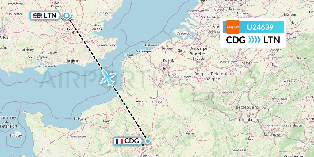 U24639 EasyJet Flight Map: Paris to London