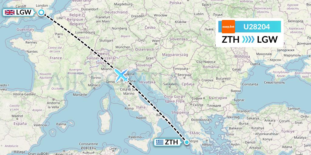U28204 EasyJet Flight Map: Zakynthos to London