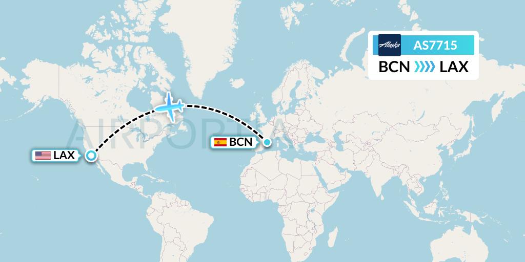AS7715 Alaska Airlines Flight Map: Barcelona to Los Angeles