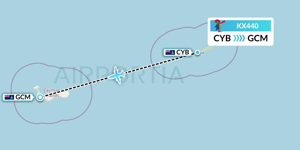KX440 Cayman Airways Flight Map: Cayman Brac to George Town