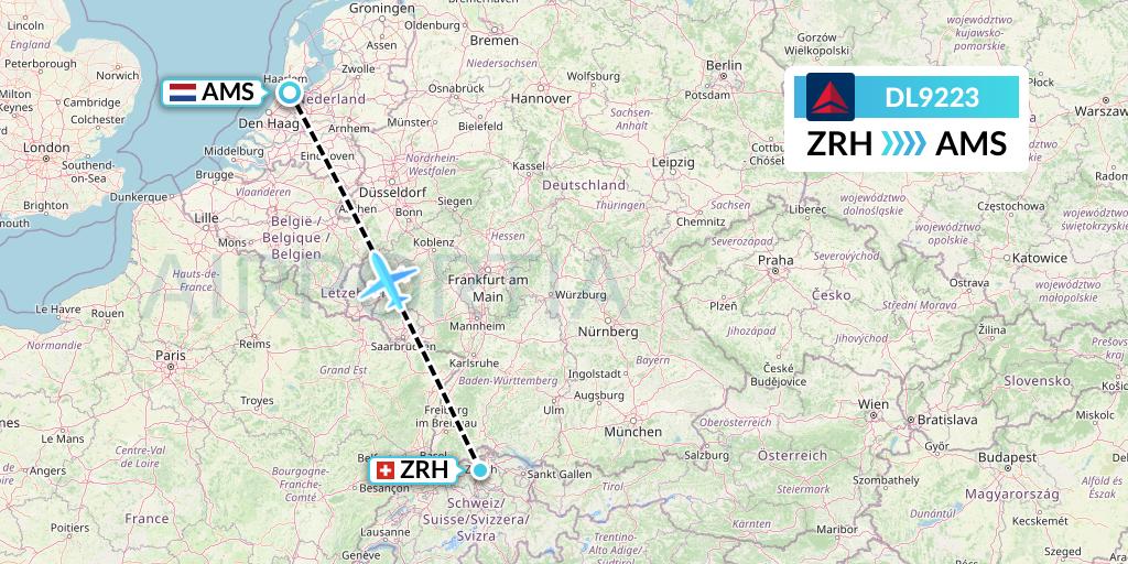 DL9223 Delta Air Lines Flight Map: Zurich to Amsterdam