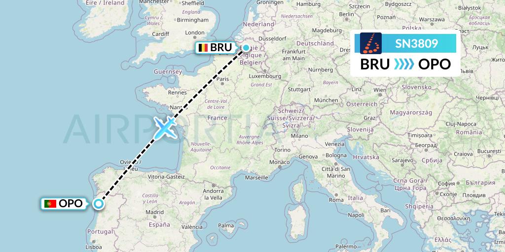 SN3809 Brussels Airlines Flight Map: Brussels to Porto