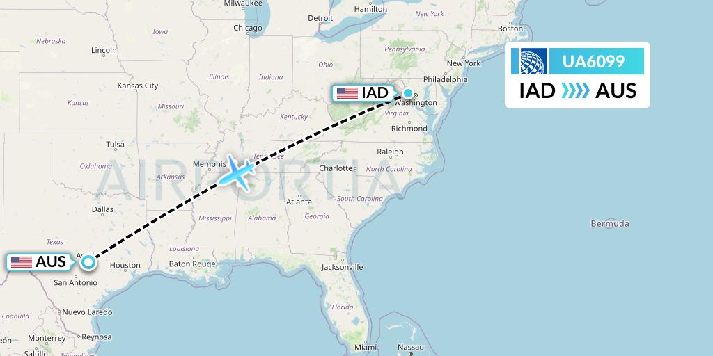 UA6099 United Airlines Flight Map: Washington to Austin