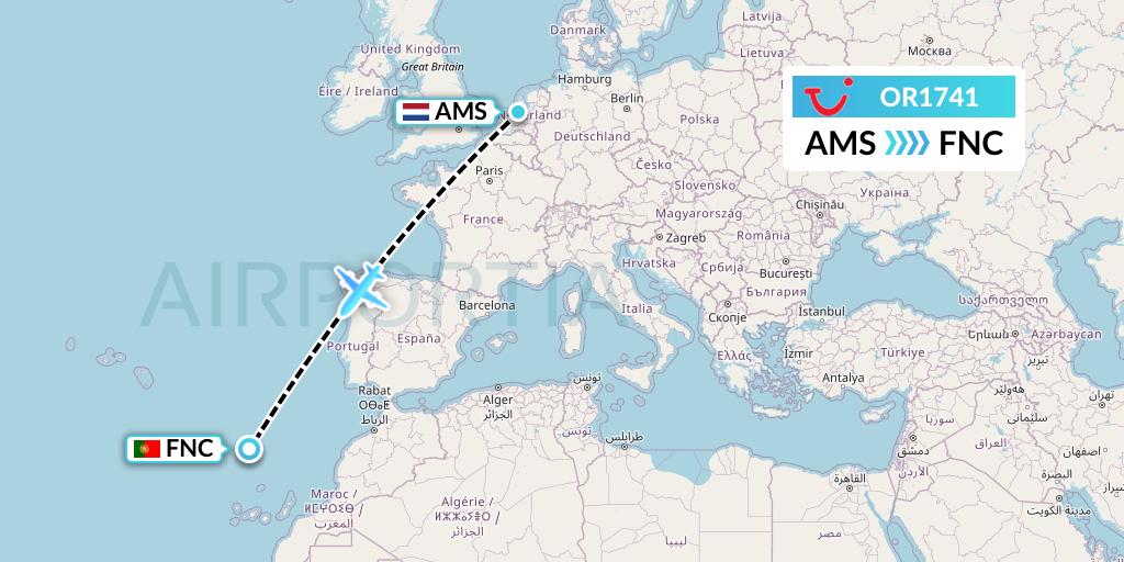 OR1741 TUI fly Netherlands Flight Map: Amsterdam to Funchal