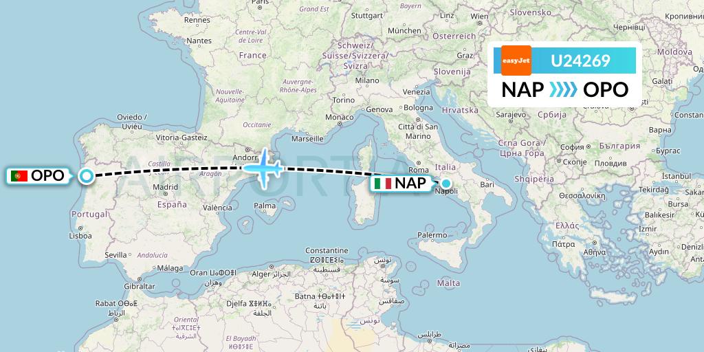 U24269 EasyJet Flight Map: Naples to Porto