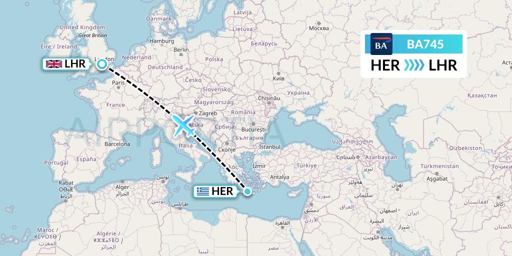 BA745 British Airways Flight Map: Heraklion to London
