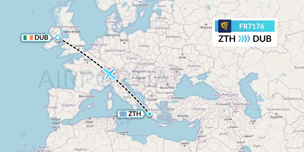 FR7176 Ryanair Flight Map: Zakynthos to Dublin