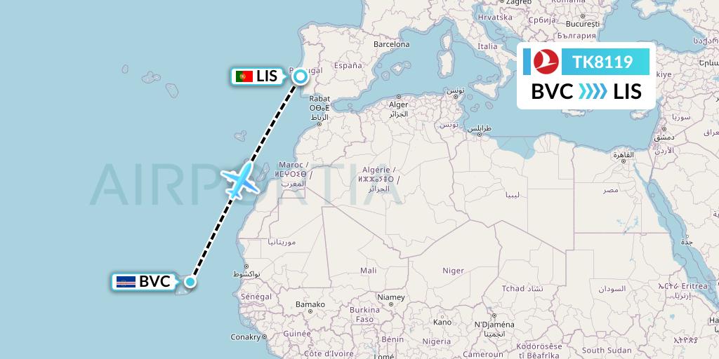 TK8119 Turkish Airlines Flight Map: Boa Vista to Lisbon