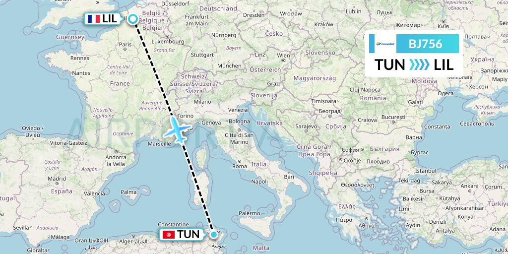 BJ756 Nouvelair Tunisie Flight Map: Tunis to Lille