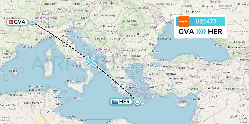 U21477 EasyJet Flight Map: Geneva to Heraklion