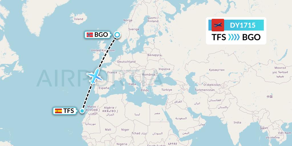 DY1715 Norwegian Flight Map: Tenerife to Bergen