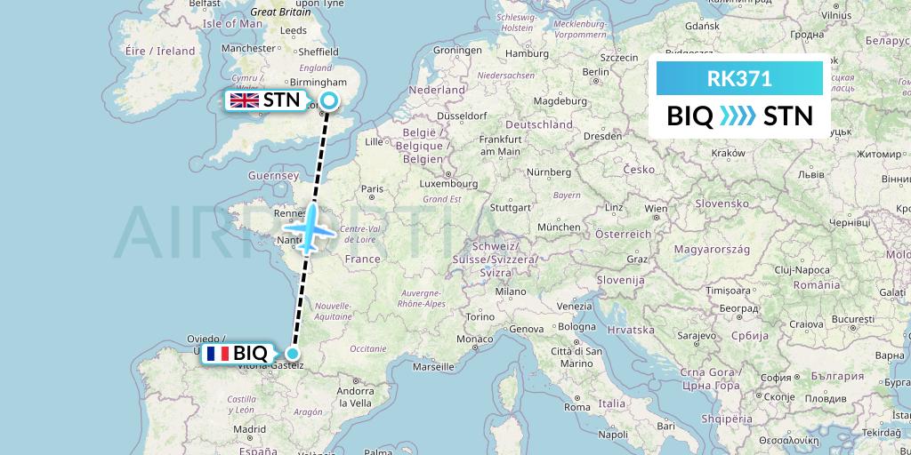 RK371 Ryanair UK Flight Map: Biarritz to London
